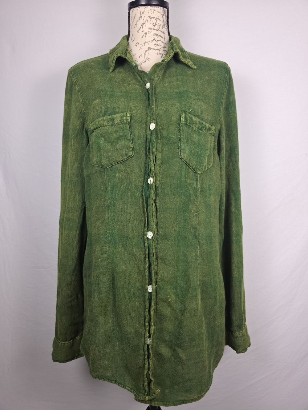 Green Mineral Wash Rayon Button Down Utility Shirt Shacket M Made in USA